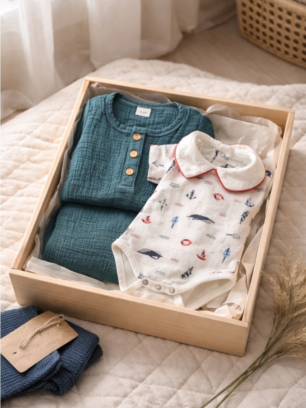 NWOT Caribbean Joe Baby Boy One Piece Sailboats & Green Gauze Romper - Size 3-6M